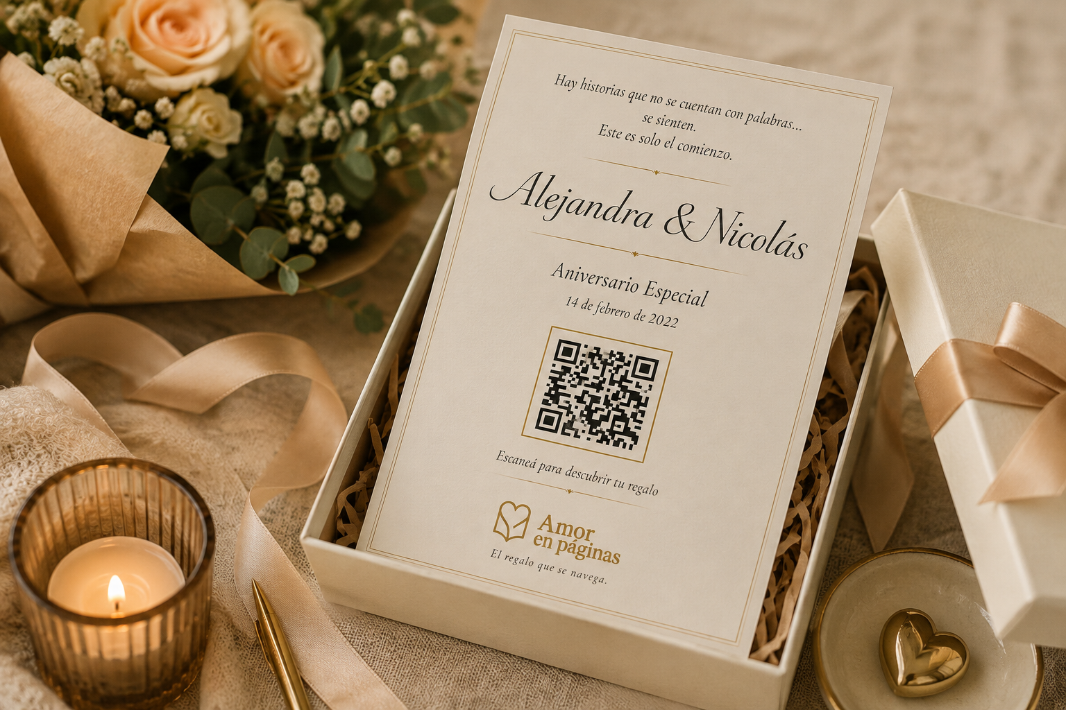 Tarjeta física personalizada de Amor en Páginas con código QR