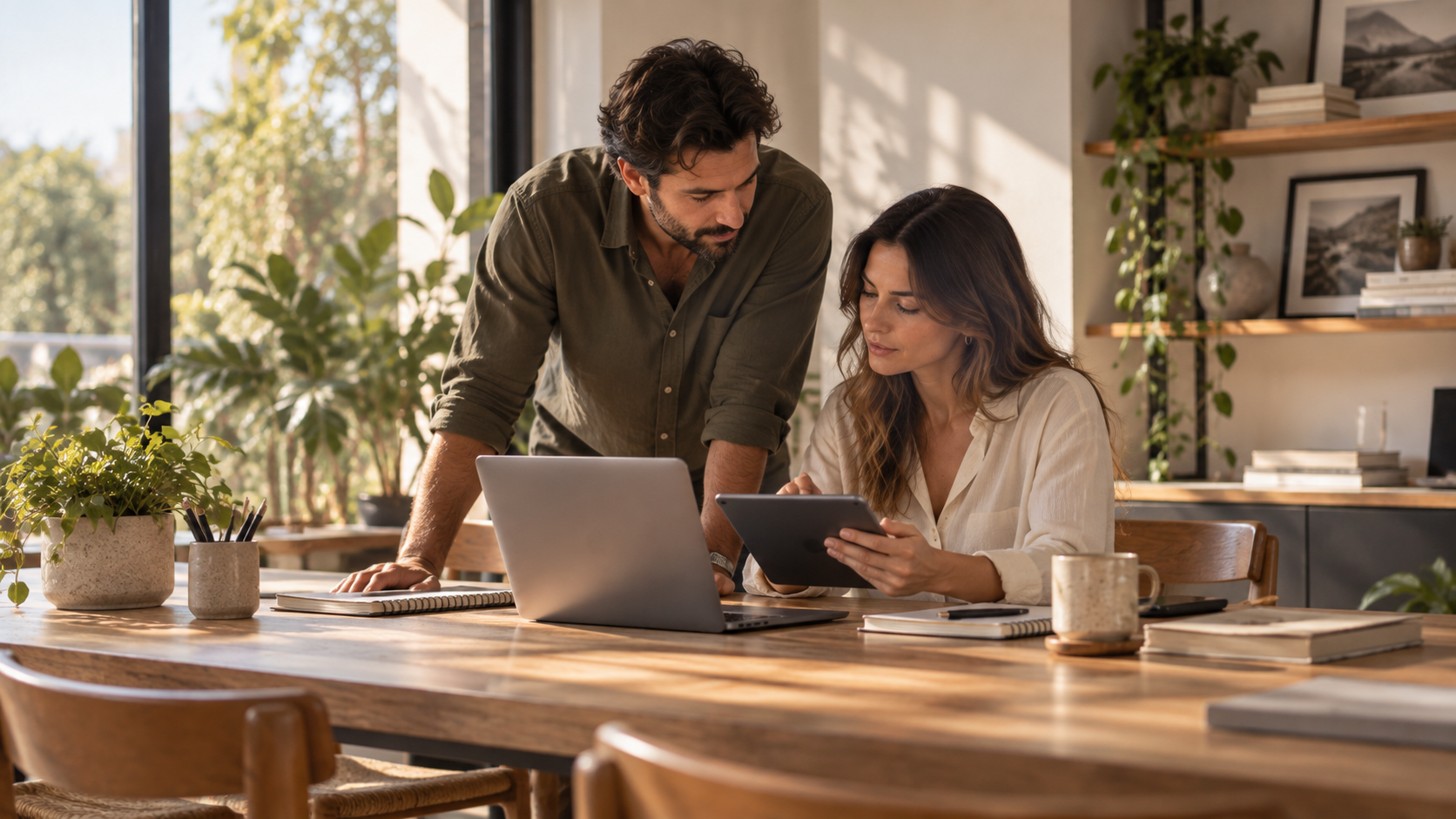 Dos profesionales trabajando de forma coordinada con notebook y tablet en un entorno organizado